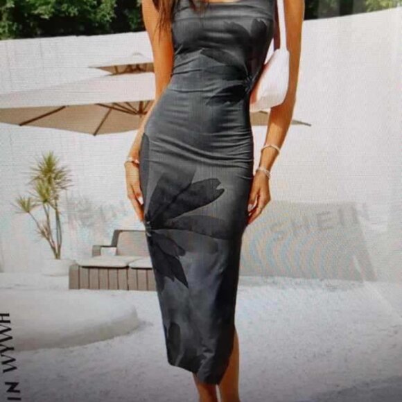 SHEIN Dresses & Skirts - sleek matte black floral print body con dress with high slit - size XS